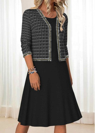 Modlily Black Tummy Coverage Plaid Long Sleeve Dress and Cardigan - M