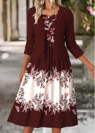 Modlily Wine Red Tummy Coverage Floral Print Dress and Cardigan - XXL
