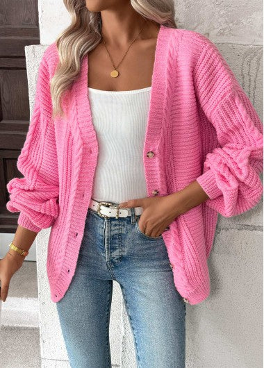Modlily Pink Button Long Sleeve V Neck Cardigan - S