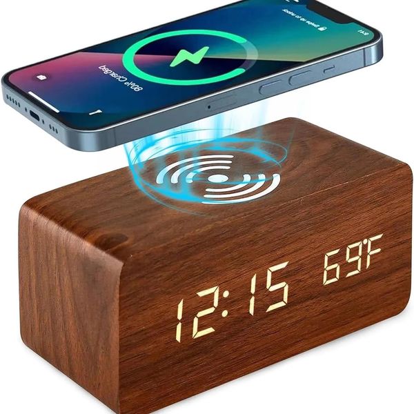 Wireless Charger Time Alarm Clock Wooden Desk Digital Clock Phone Chargers LED Display Thermometer Humidity Clock for Table 240116