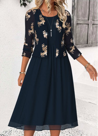 Modlily Navy Tummy Coverage Long Sleeve Dress and Cardigan - L