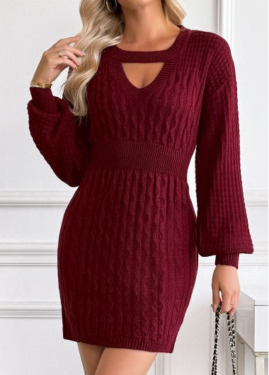 Modlily Wine Red Tummy Control Short Long Sleeve Bodycon Dress - L