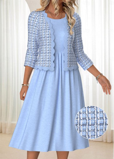 Modlily Blue Tummy Coverage Plaid Long Sleeve Dress and Cardigan - S
