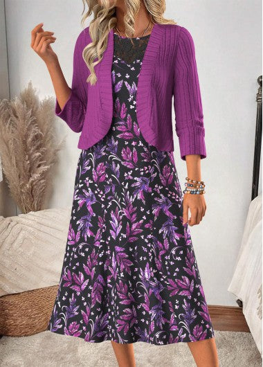 Modlily Purple Tummy Coverage Floral Print Dress and Cardigan - S