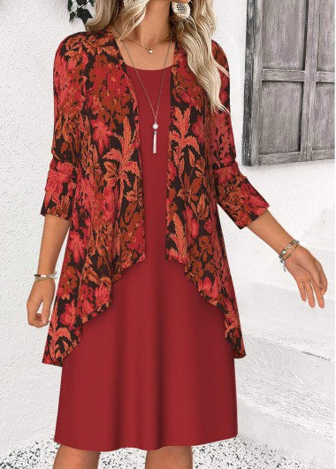 Modlily Red Tummy Coverage Leaf Print Dress and Cardigan - XL