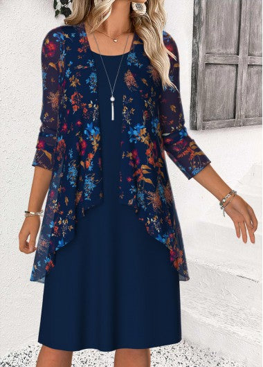 Modlily Navy Tummy Coverage Ditsy Floral Print Dress and Cardigan - L