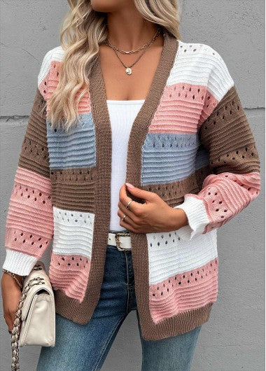 Modlily Pink Tummy Coverage Striped Long Sleeve Cardigan - XL