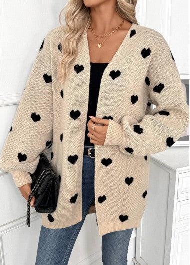 Modlily Light Camel Tummy Coverage Heart Print Long Sleeve Cardigan - L
