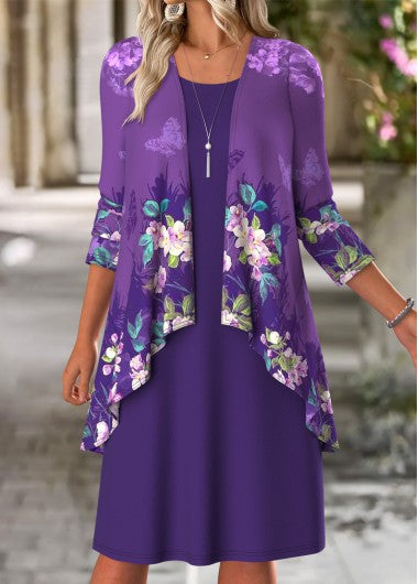 Modlily Purple Tummy Coverage Floral Print Dress and Cardigan - S