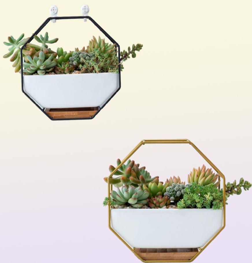 Hanging Succulent Flower Pots Ceramic Flowerpots Stand Holder Black Gold Iron Rack Bamboo Tray Desktop Geometric Cactus Planter Y25493436