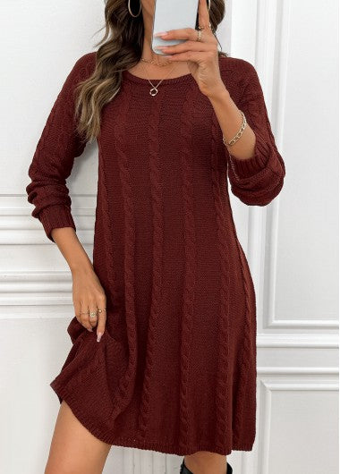 Modlily Wine Red A Line Long Sleeve Round Neck Dress - M