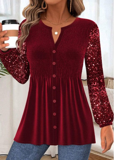 Modlily Wine Red Peplum Long Sleeve Split Neck Blouse - XXL