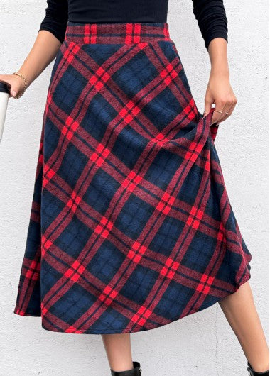 Modlily Red Pocket Plaid A Line Elastic Waist Skirt - XL