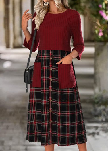 Modlily Wine Red Tummy Coverage Plaid Long Sleeve Dress - M