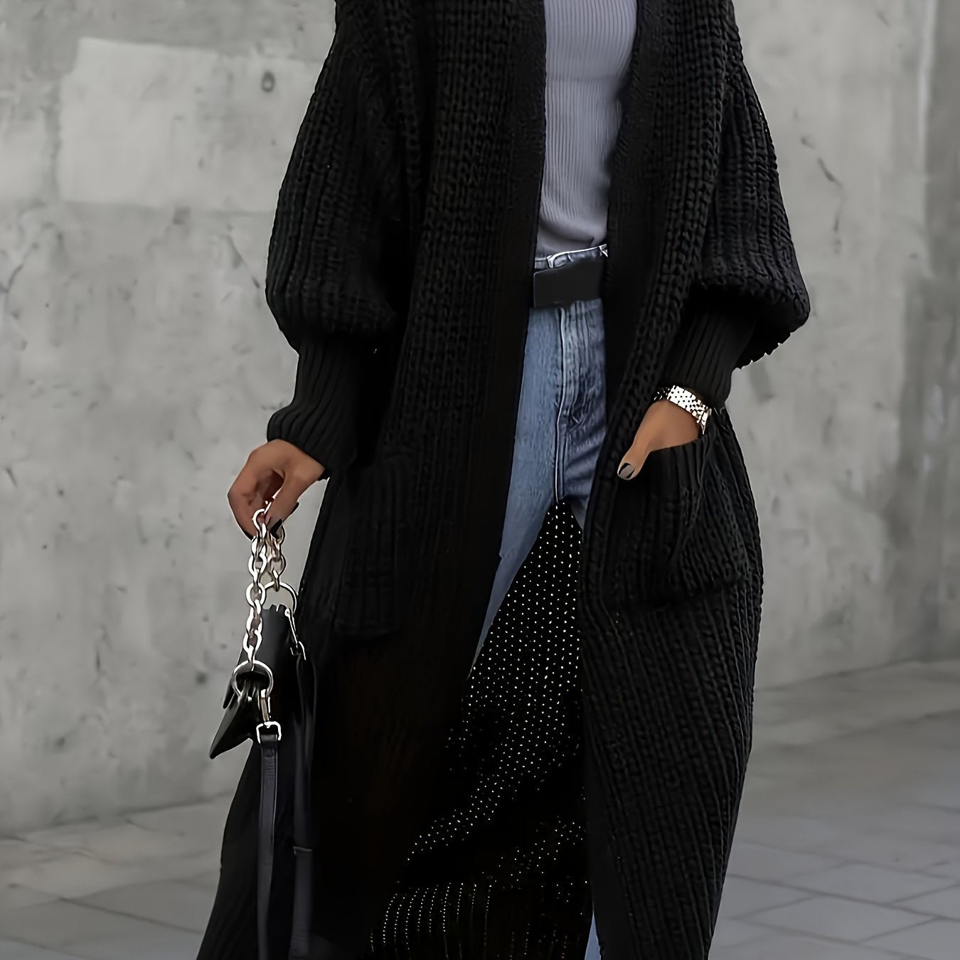 TEMU Elegant Women's Long Cardigan With Pockets - Chic Lantern Sleeve, Open Front, 100% Acrylic - Ideal For Fall-