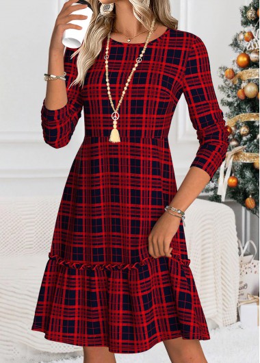 Modlily Wine Red Tummy Coverage Plaid Long Sleeve Dress - S