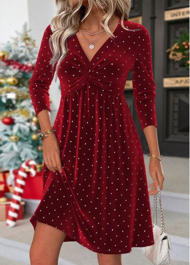 Modlily Wine Red Tummy Coverage Short Long Sleeve Dress - XXL