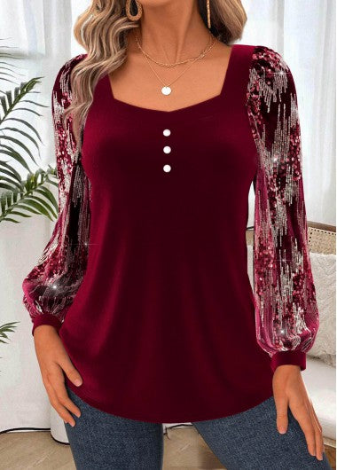 Modlily Wine Red Tummy Coverage Long Sleeve Heart Collar Blouse - XXL