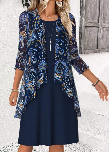 Modlily Navy Tummy Coverage Paisley Print Dress and Cardigan - XL