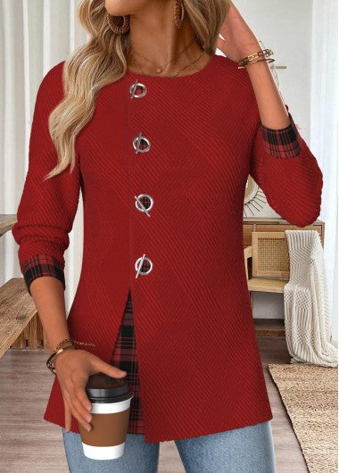 Modlily Wine Red Tummy Coverage Plaid Long Sleeve Blouse - XL