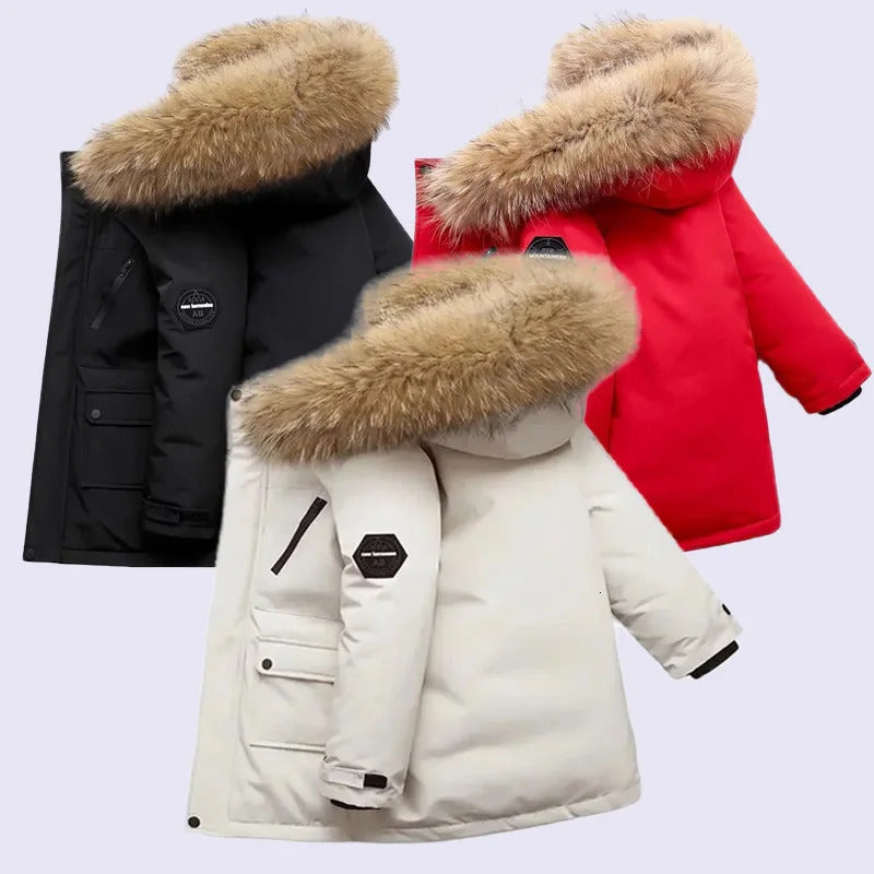 Childrens Down Cotton Jacket Boys Winter Thickened Large Fur Collar Coat 2024 Kids Warm Hooded Outerwear Teenager Clothing 241022