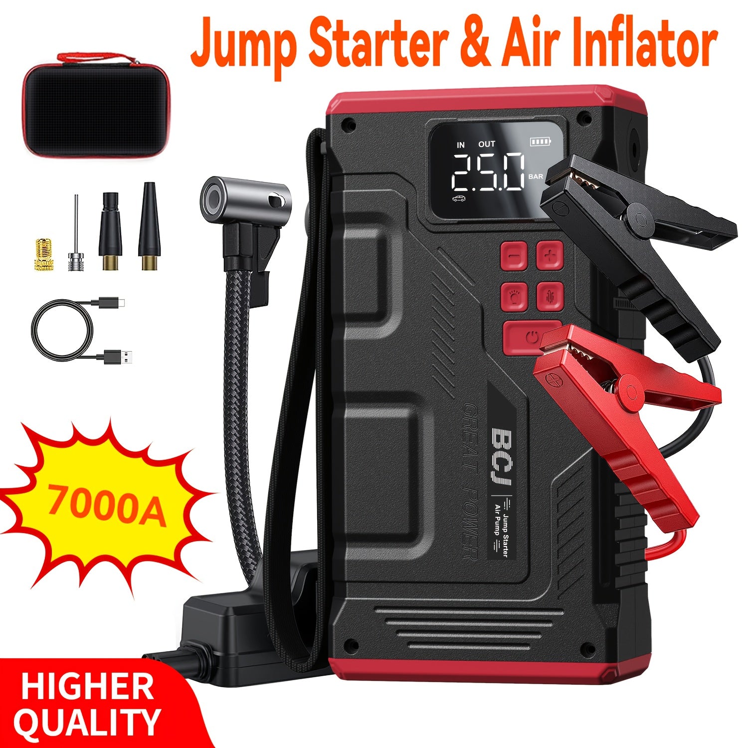 TEMU Portable Car Jump Starter With Air Compressor 7000a Jump Starter & Air Inflatorpeak(9.0l Gas, 8.0l ) With 150 Psi Tire Inflator, 12v Car Battery