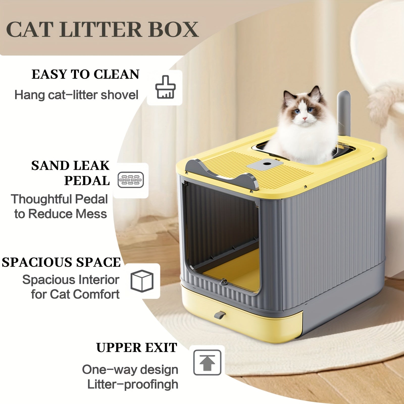 TEMU Super Enclosed Cat Litter Box With Odor Isolation Function - Splash Proof Design, Free Shovel Included - For Pet