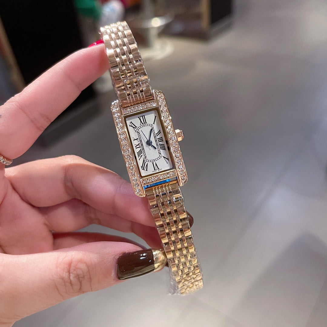 Luxury New Brand TANK Women Watch Fashion with Diamonds Crystal Design Quartz Watches Leisure Rose Gold Stainless Steel Strap Clock #255