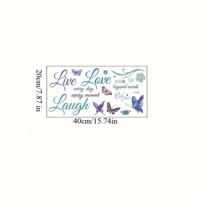 TEMU 1pc Inspirational & Floral Wall Decal - Self-adhesive Waterproof Pvc Sticker With "live Laugh Love" Quote, & Purple Butterflies, Bedroom, Living