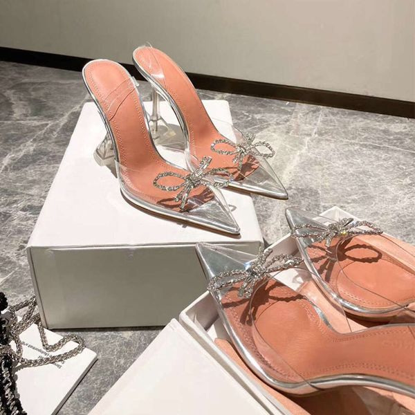 2024 Summer Pointed Crystal Fairy Ladies Wind Rhinestone Butterfly-Knot Transparent High Heel Women Sandals Kq8
