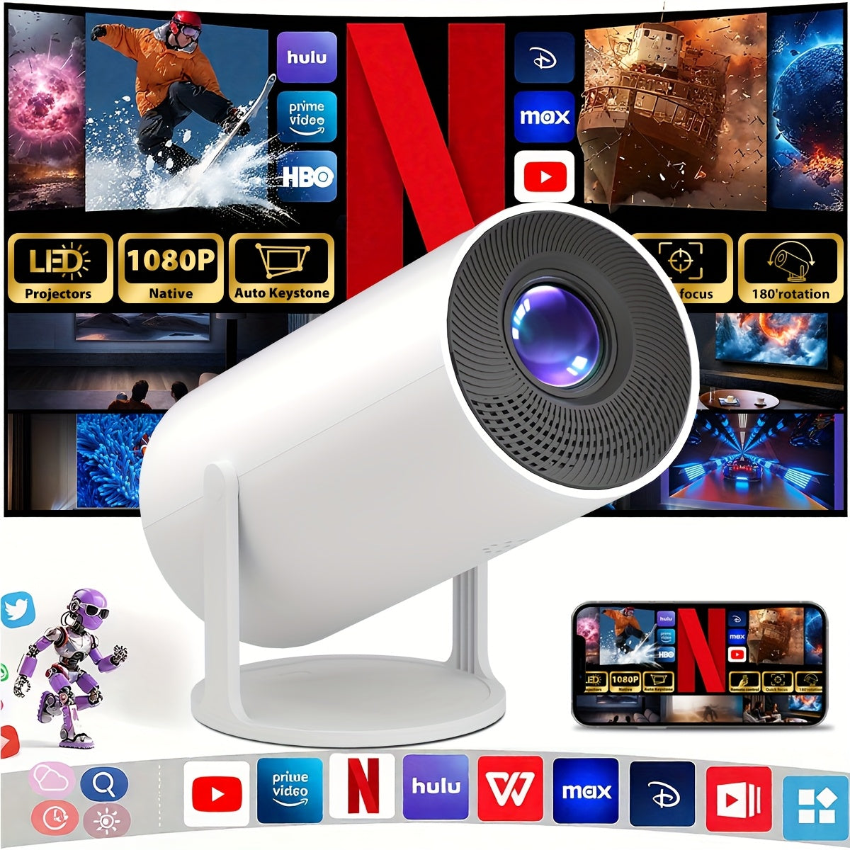 TEMU Mini Portable Projector, Wall-mounted Movie Projector, Mobile Projector, Pendant Projector, Art Projector, Native Resolution Of 1920*1080,