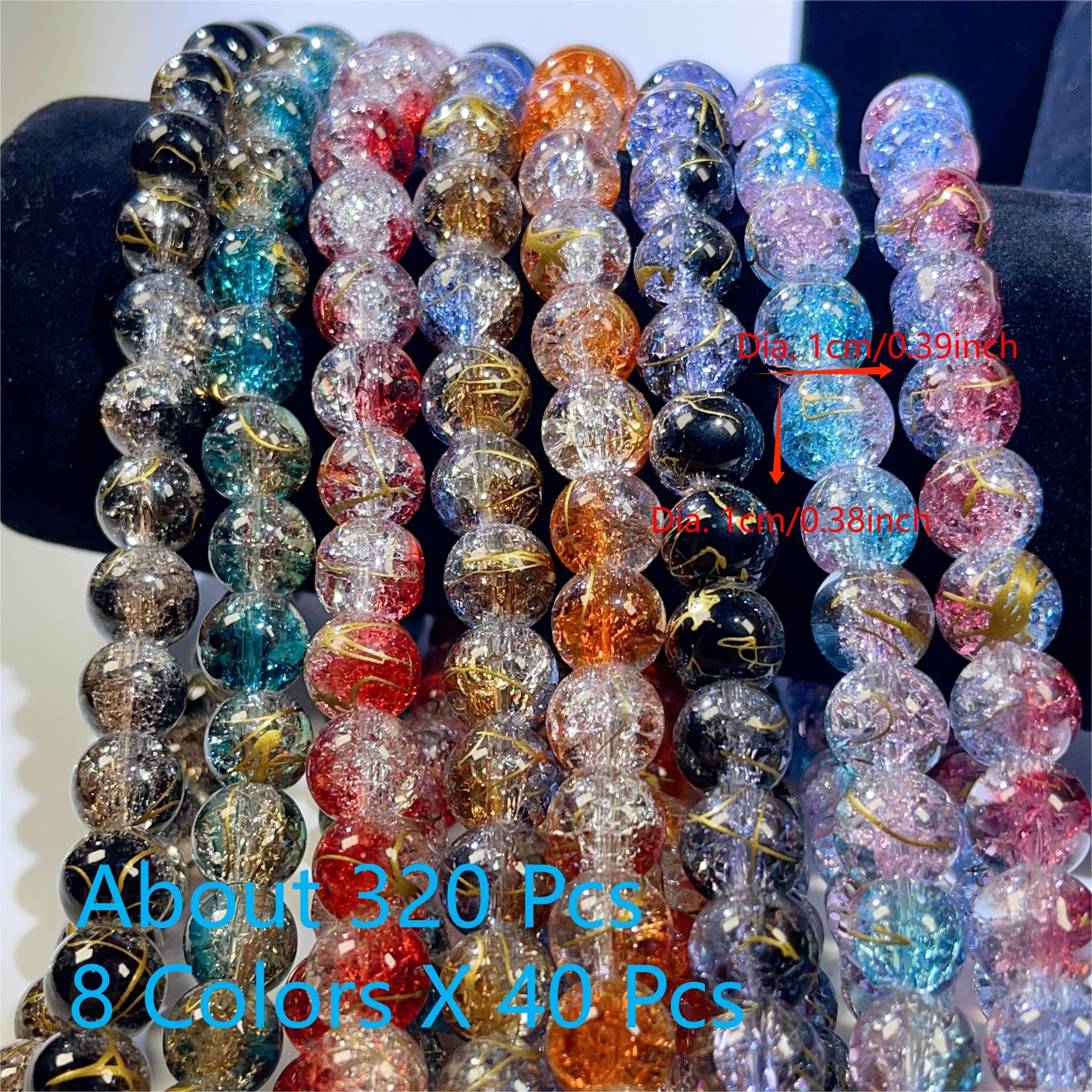 TEMU 320pcs 10mm 8 Colors Golden Wire Drwaing Crackle Glass Beads For Jewelry Making, Diy Braceletsnecklace, Earring, Handbag, Round Beads Assorted