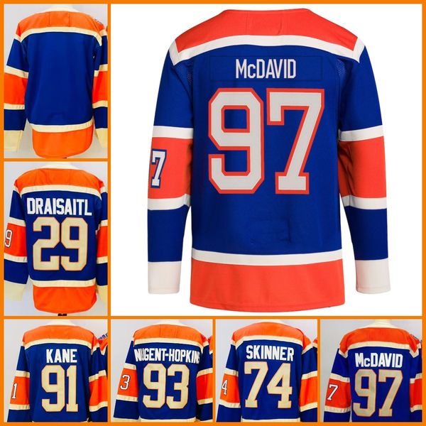 Men New Hockey Jerseys Leon Draisait Hockey Jerseys Orange Evander Kane Royal Blue Stuart Skinner Nugent-Hopkins BlANK stitched