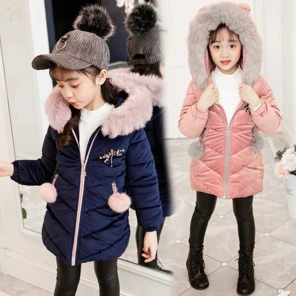 Down Coat Dragonfly Winter Girls Jacket Fur Collar Warm Fashion Christmas Princess Coat Hooded Zipper Outerwear 4-12 Years Parka Snowsuit H2