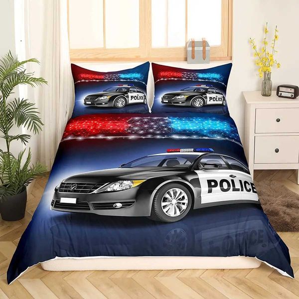 Policeman Car King Queen Duvet Cover Cartoon Black Police Car Bedding Set Boys Red Blue Cop Lights 2-3pcs Polyester Quilt Cover Y240730