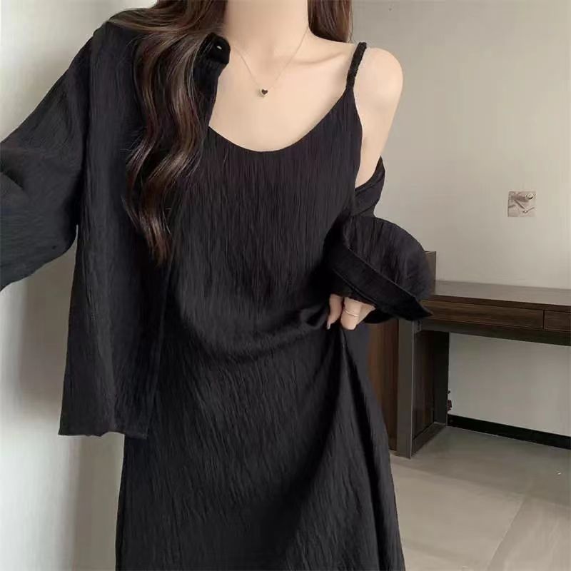 156 suspenders black summer 2024 long skirt fashionable meat-covering temperament women&#039;s dress slim solid color loose