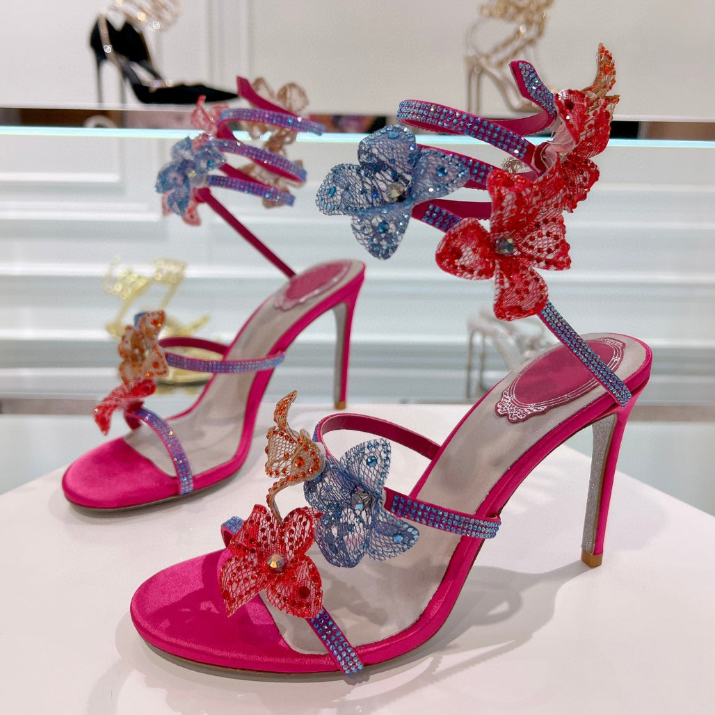 Rhinestone Flower Embellished High Heel Sandals Women Evening Dress Shoes 9.5cm Snake Wrap Around Luxury Designer Women High Heels Size 34-43 with B