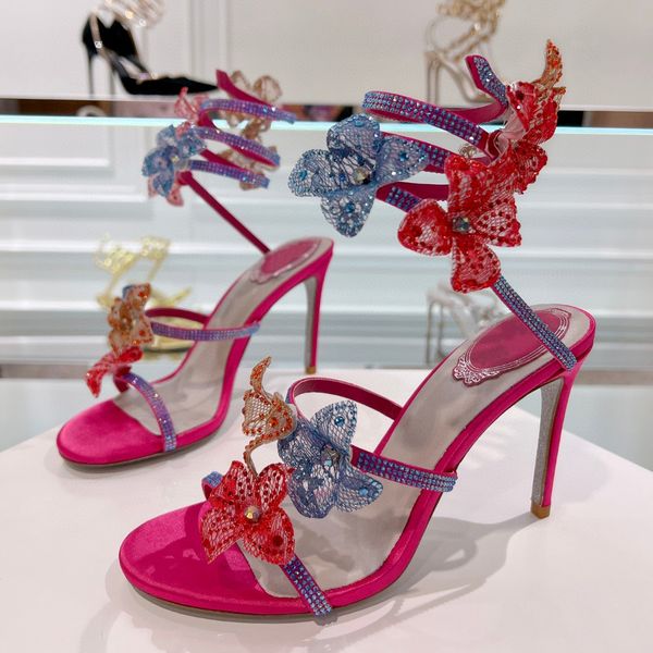Rhinestone Flower Embellished High Heel Sandals Women Evening Dress Shoes 9.5cm Snake Wrap Around Luxury Designer Women High Heels Size 34-4