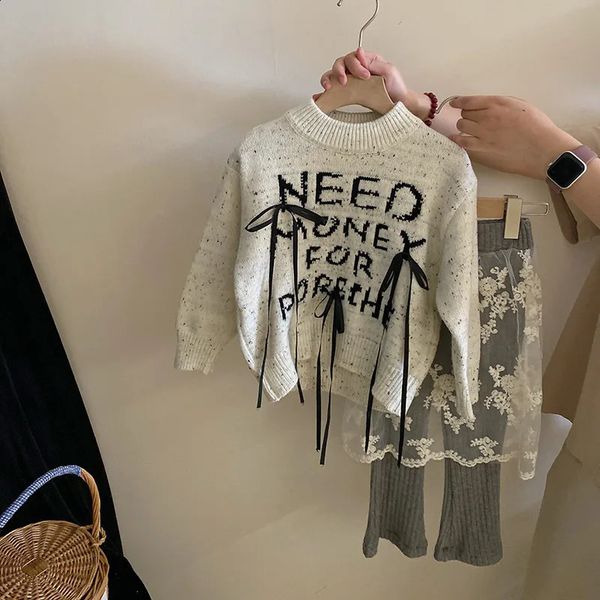 Korean Spring Autumn Children Girl 2PCS Clothes Set Cotton Bow Letter Sweater Suit Floral Lace Spliced Leggings Baby Girl Outfit 250114
