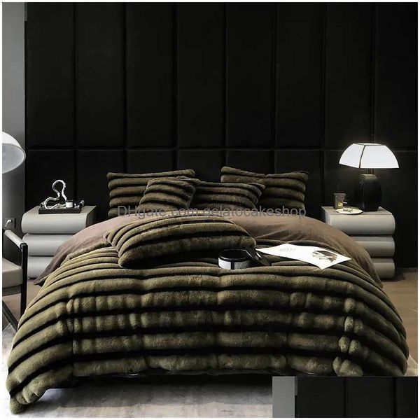 Bedding Sets Faux Rabbit Fur Veet Fleece Winter Set Soft Plush Stereoscc Stripe Duvet Cover Flatfitted Bed Sheet Pillowcase Dro Dh6Ku
