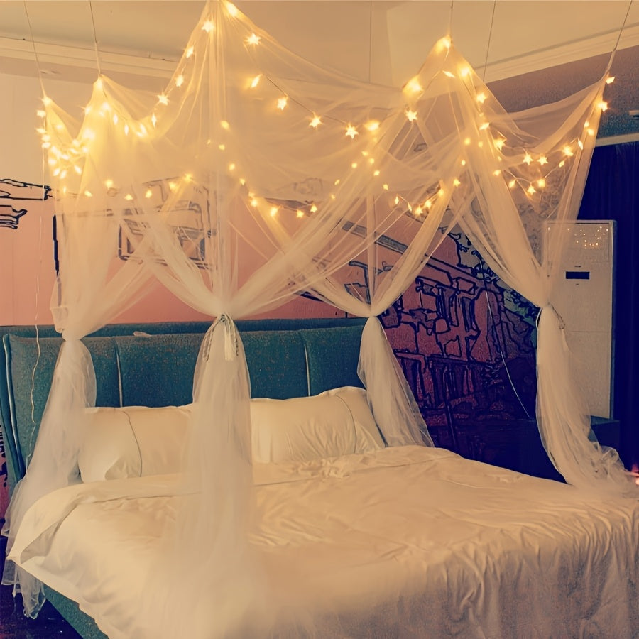 TEMU 8 Corner Bed Top With Led Star String Lights Battery Powered, Of Bed Net 4 Door Square Awning Bed Curtain - Recommended Double Bed Double Bed