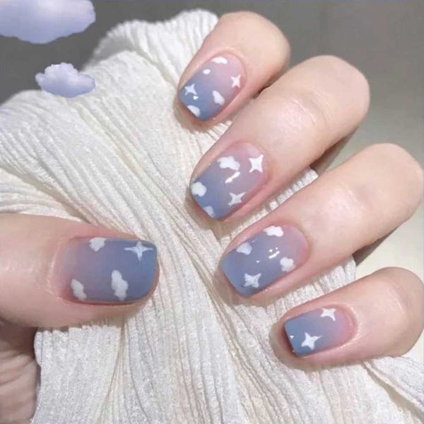 24 pieces-box Short Square Headwear Fake Nail Art Cloud Star Pattern Fake Nail Full Cover Pressing Nail Tip Hand ToolW250120