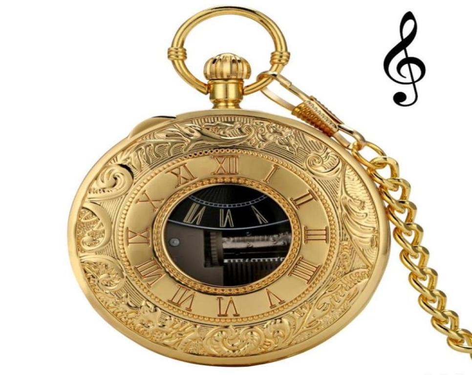 Exquise Gold Musical Movement Pocket Watch Hand Crank Playing Music Watch Chain Roman Number Carved Clock Happy Year Gifts314U2800426