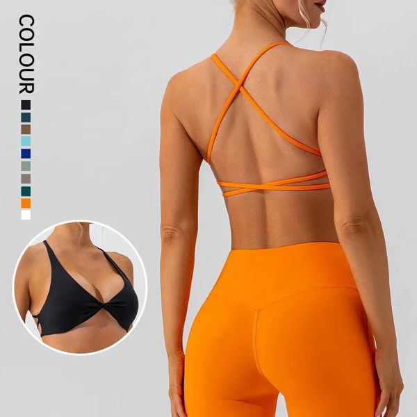 Roupa de ioga Shinbene Front Twist Pad Cross Strap Sport Bra Sexy Back Fitness Sleeseless Short Top Yoga H250111