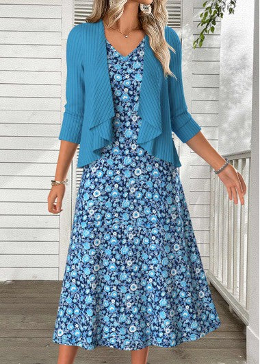 Modlily Sky Blue Tummy Coverage Bracelet Sleeve Dress and Cardigan - M