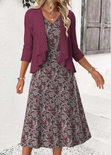 Modlily Dusty Purple Tummy Coverage Paisley Print Dress and Cardigan - S