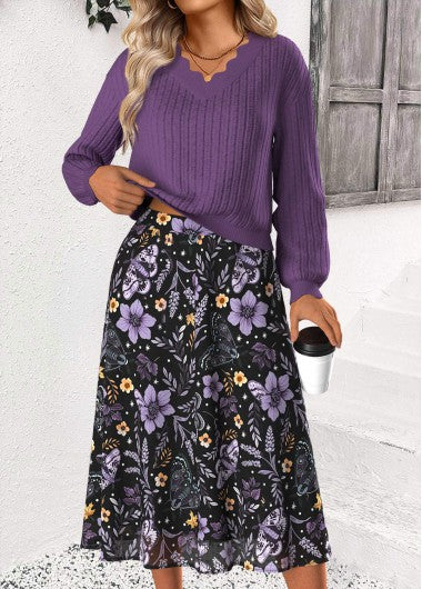 Modlily Dusty Purple Tummy Coverage Floral Print Top and Skirt - M