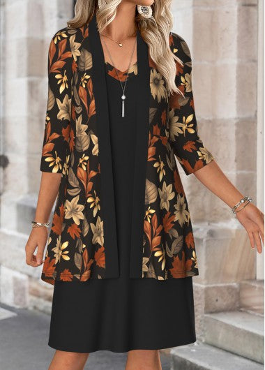 Modlily Black Tummy Coverage Leaf Print Dress and Cardigan - L