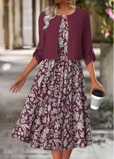 Modlily Dark Reddish Purple Tummy Coverage Dress and Cardigan - XL