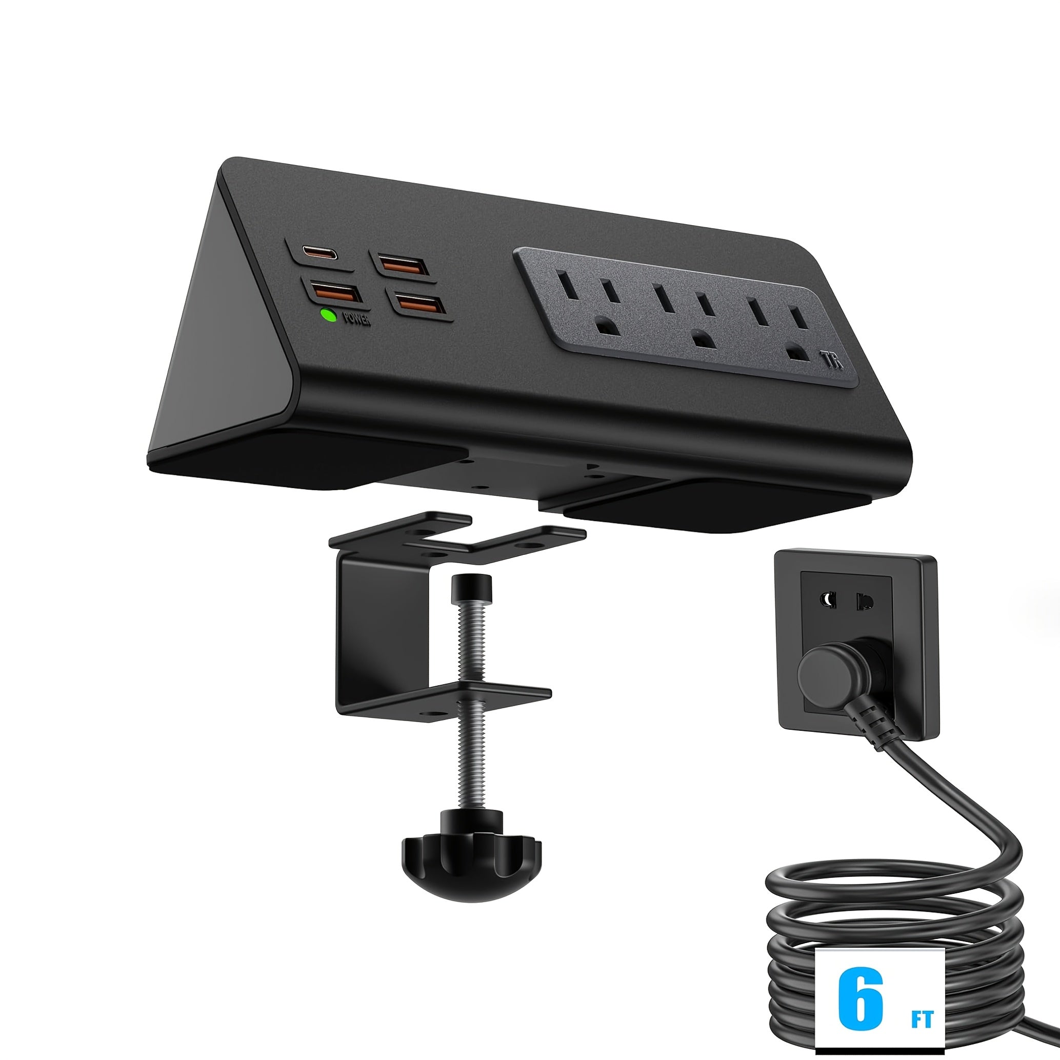 TEMU Qzukoy Upgraded, Desk Edge Clamp Mount Power Strips With Usb Ports, Pd20 W Fast Charging Usb-c Port And 3 Ac Outlets, Nightstand Charging